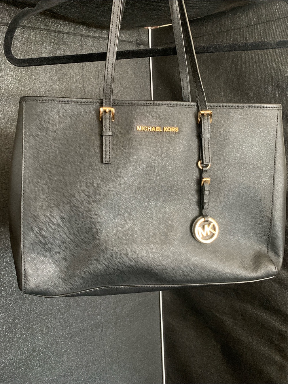 #564 Michael Kors Black Leather Saffiano Tote with Gold Accents